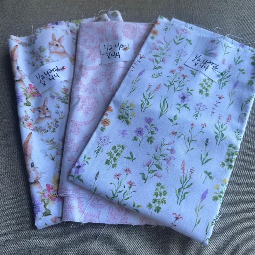 3pc Floral Bunny Wildflower Cotton Fabric Bundle 1.5 Yards Total 44" Wide